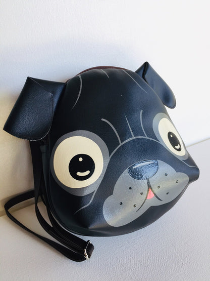 Smiling Black cat crossbody bag,hand painted bag,this compact synthetic leather sling bag, for carrying mobile phones and other essentials.