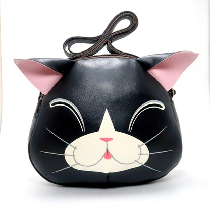 Smiling Black cat crossbody bag,hand painted bag,this compact synthetic leather sling bag, for carrying mobile phones and other essentials.