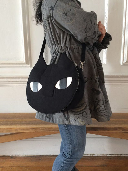 Black Cat Bag - Canvas Crossbody Bag - Hand Bag - Large - Handmade Hand Printed - Silkscreen Print - Gift for Cat lovers